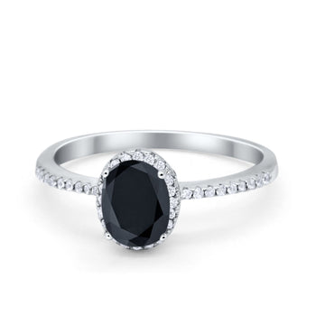 Halo Fashion Ring Oval Simulated Black CZ Accent 925 Sterling Silver
